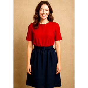 Vintage 80s Melissa Petite Collection Dress Womens 8 Red Blue Belted Colorblock